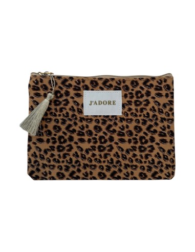 Pochette motif léopard patch « J'ADORE » et pompon - Fermeture zippée