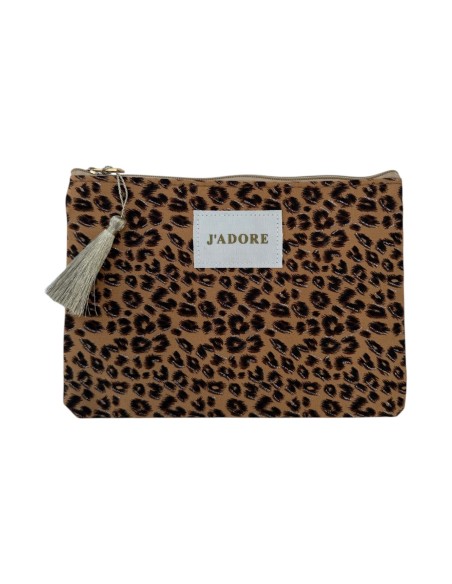 Pochette motif léopard patch « J'ADORE » et pompon - Fermeture zippée