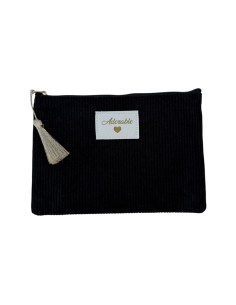 Pochette en velours côtelé patch « Adorable » et pompon - Fermeture zippée