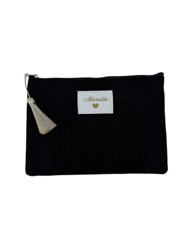 Pochette en velours côtelé patch « Adorable » et pompon - Fermeture zippée