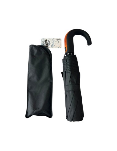 Parapluie pliant noir, double automatique, ouverture et fermeture - Avec housse et poignée courbée