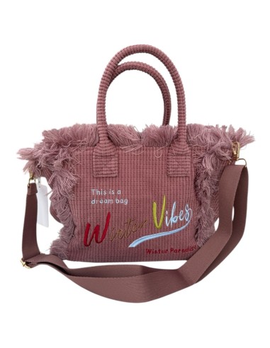 Sac cabas en velours côtelé frangé brodé « Winter Vibes »