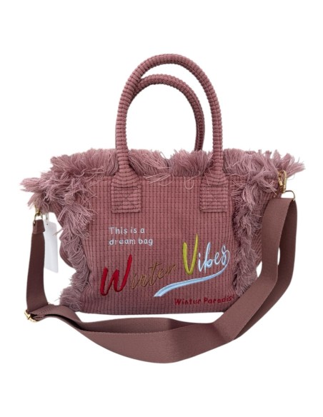 Sac cabas en velours côtelé frangé brodé « Winter Vibes »