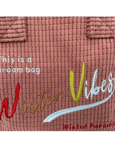 Sac cabas en velours côtelé frangé brodé « Winter Vibes »