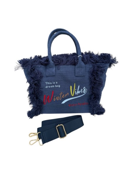 Sac cabas en velours côtelé frangé brodé « Winter Vibes »